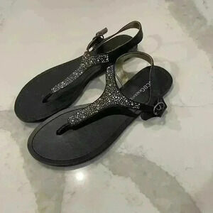 BCBGeneration Brynn Black Bejeweled Beaded Bling T-Strap Thong Sandal Women's 7